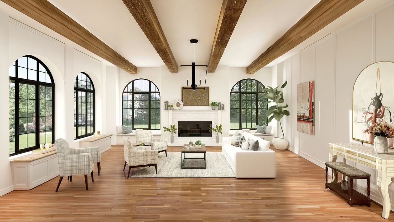 A gleaming living room with exposed wood beams, arched windows, and polished hardwood floors